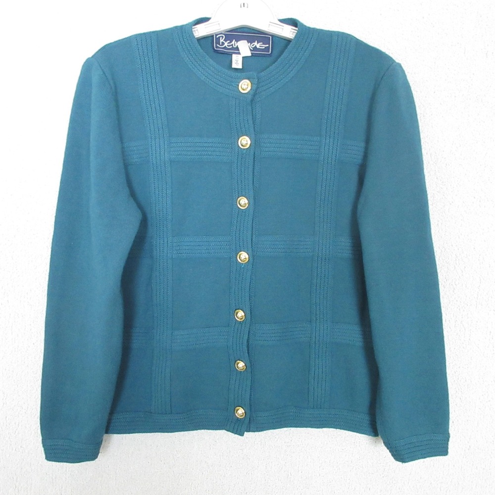 Belmonde Teal Blue Button Front Cardigan Sweater Gold Buttons Wool Blend Women 8